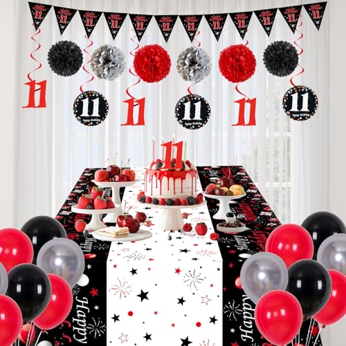 Puchod 11th Birthday Decorations Red Black Set – Backdrop Banner, Tablecloth, Balloons for Boys Girls