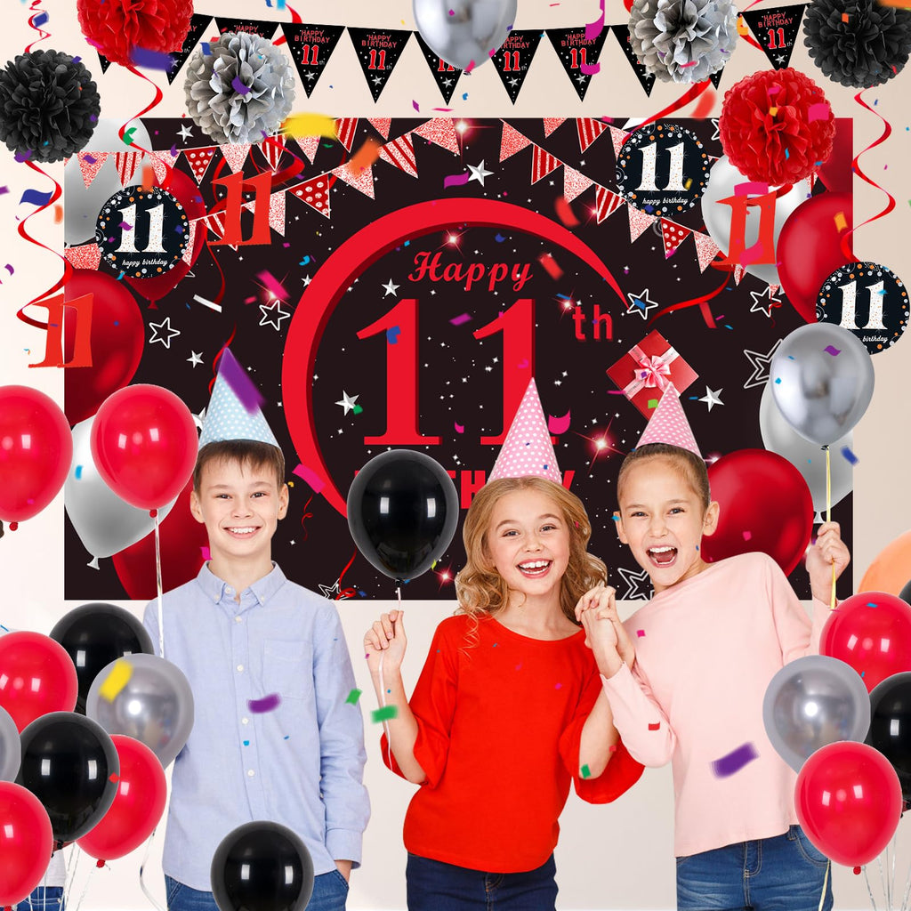 Puchod 11th Birthday Decorations Red Black Set – Backdrop Banner, Tablecloth, Balloons for Boys Girls