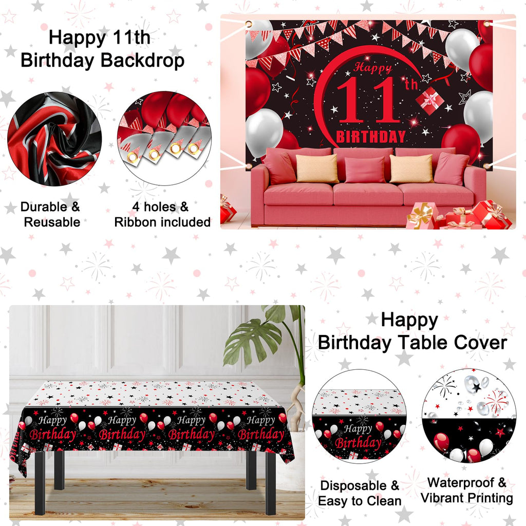 Puchod 11th Birthday Decorations Red Black Set – Backdrop Banner, Tablecloth, Balloons for Boys Girls