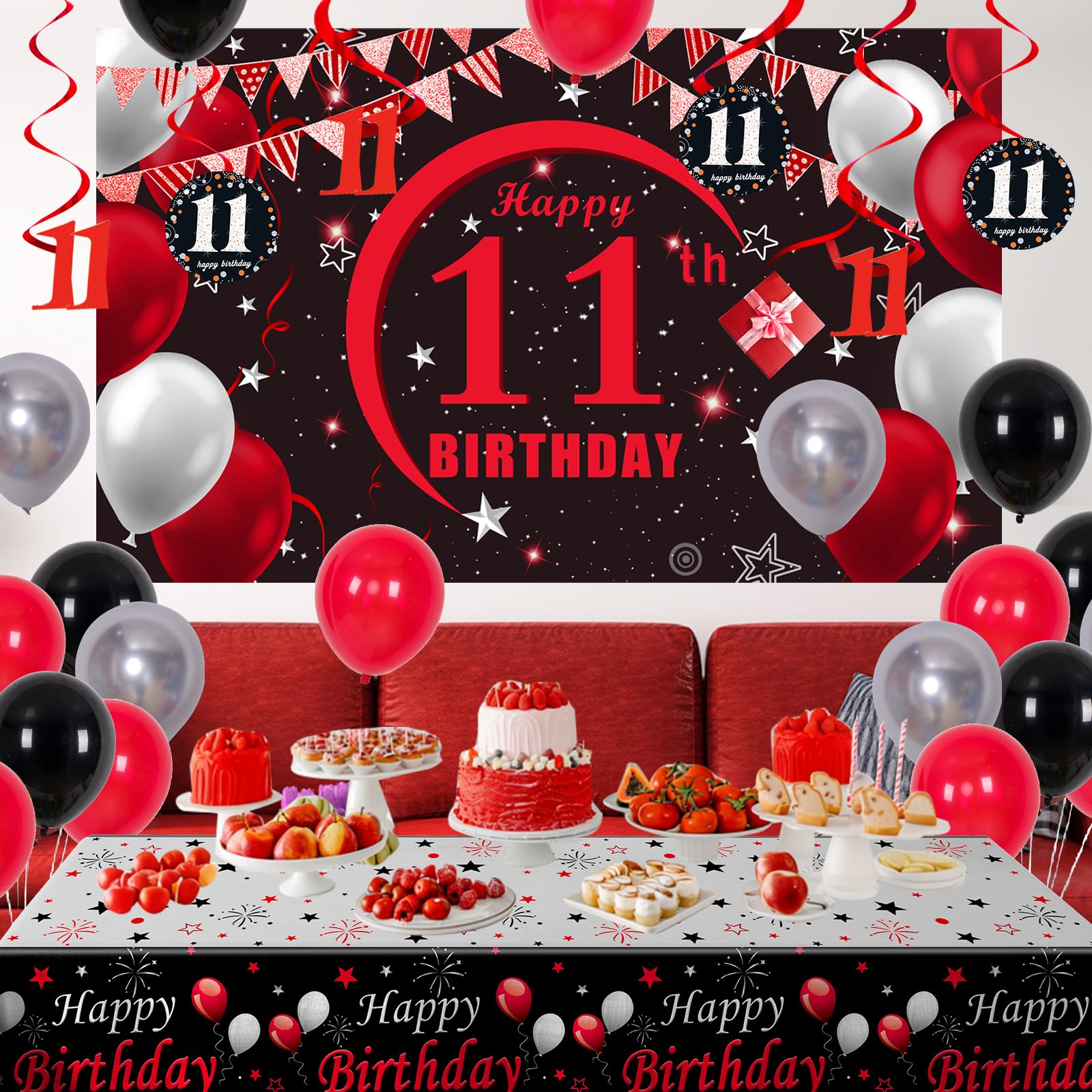 Puchod 11th Birthday Decorations Red Black Set – Backdrop Banner, Tablecloth, Balloons for Boys Girls