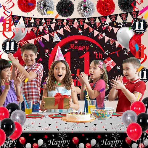 Puchod 11th Birthday Decorations Red Black Set – Backdrop Banner, Tablecloth, Balloons for Boys Girls