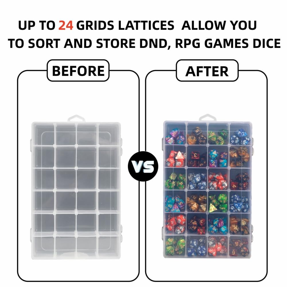 PUGED 2 Pack DND Dice Storage Box – 24 Grids Each with Removable Dividers, Holds Up to 300 Dice, Transparent PP Organizer for RPG Geeks and Crafters