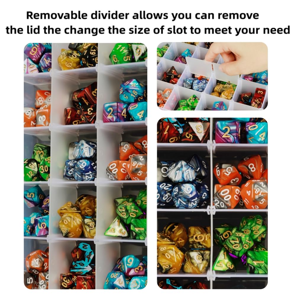 PUGED 2 Pack DND Dice Storage Box – 24 Grids Each with Removable Dividers, Holds Up to 300 Dice, Transparent PP Organizer for RPG Geeks and Crafters