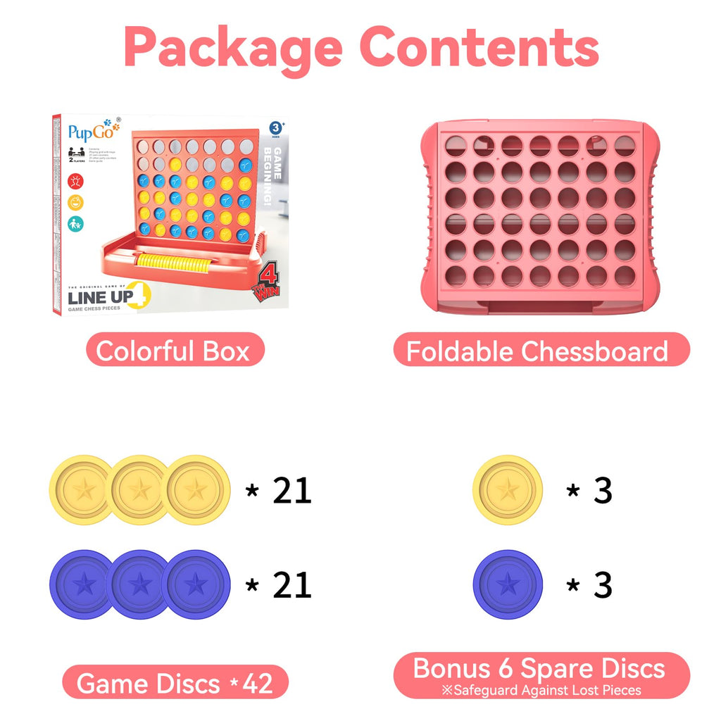 Pup Go 4 in a Row Game - Pink, Portable Foldable Travel Board Game for 2 Players