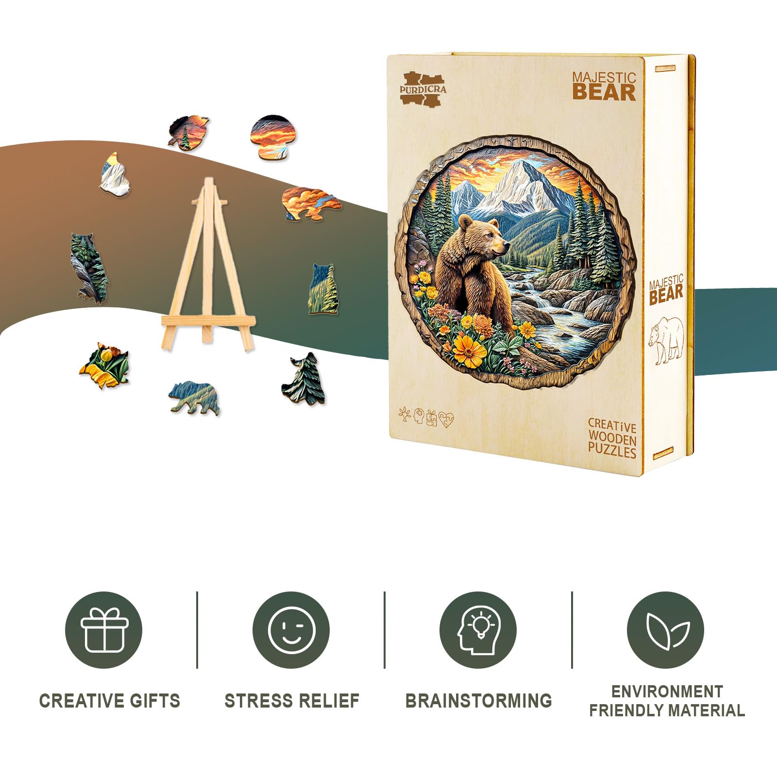 Purdicra Majestic Bear Wooden Jigsaw Puzzle – 290 Unique Pieces for Adult Challenge