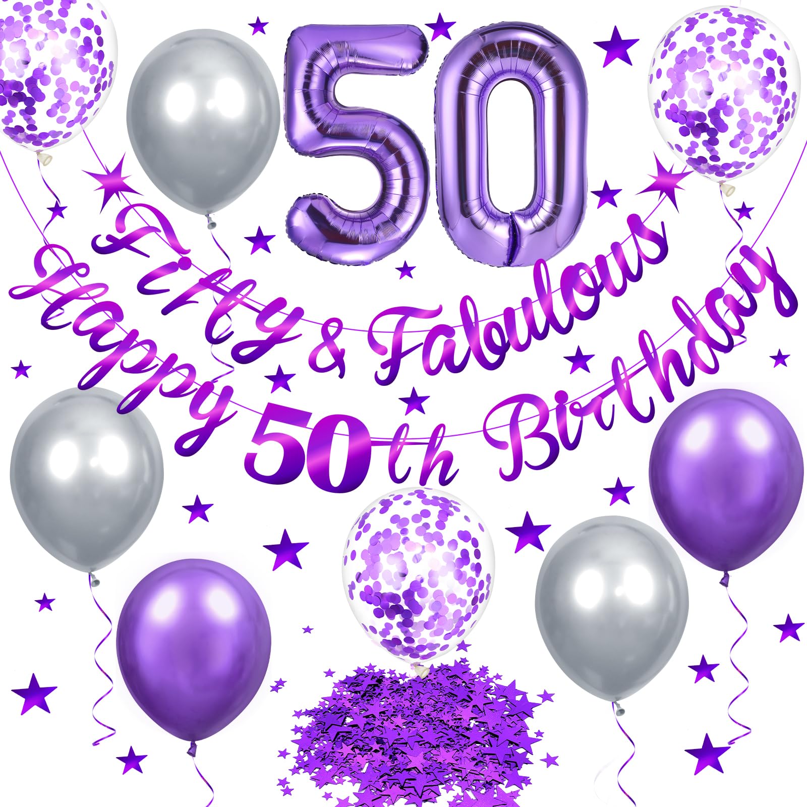 Purple 50th Birthday Decorations Set – Fifty and Fabulous Banner, Number 50 Foil Balloon, and More for Women and Men