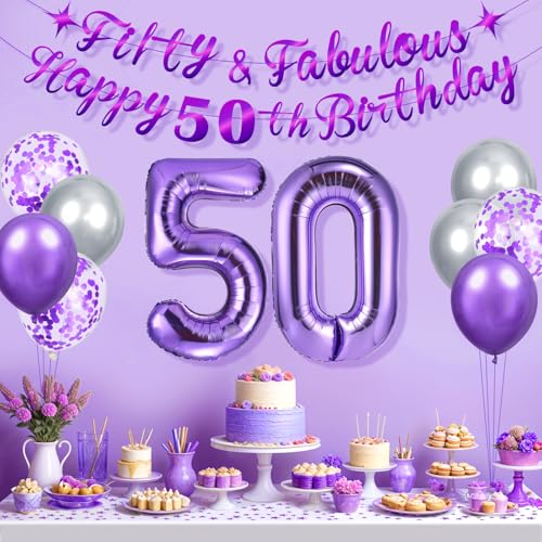 Purple 50th Birthday Decorations Set – Fifty and Fabulous Banner, Number 50 Foil Balloon, and More for Women and Men