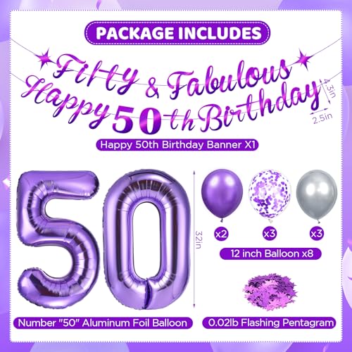 Purple 50th Birthday Decorations Set – Fifty and Fabulous Banner, Number 50 Foil Balloon, and More for Women and Men