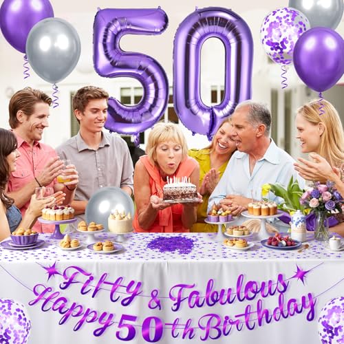 Purple 50th Birthday Decorations Set – Fifty and Fabulous Banner, Number 50 Foil Balloon, and More for Women and Men