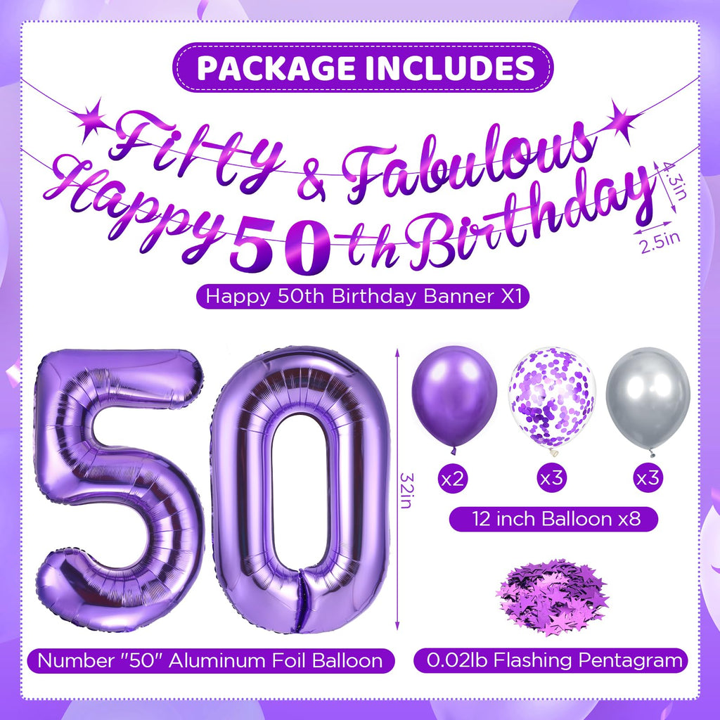 Purple 50th Birthday Decorations Set – Fifty and Fabulous Banner, Number 50 Foil Balloon, and More for Women and Men