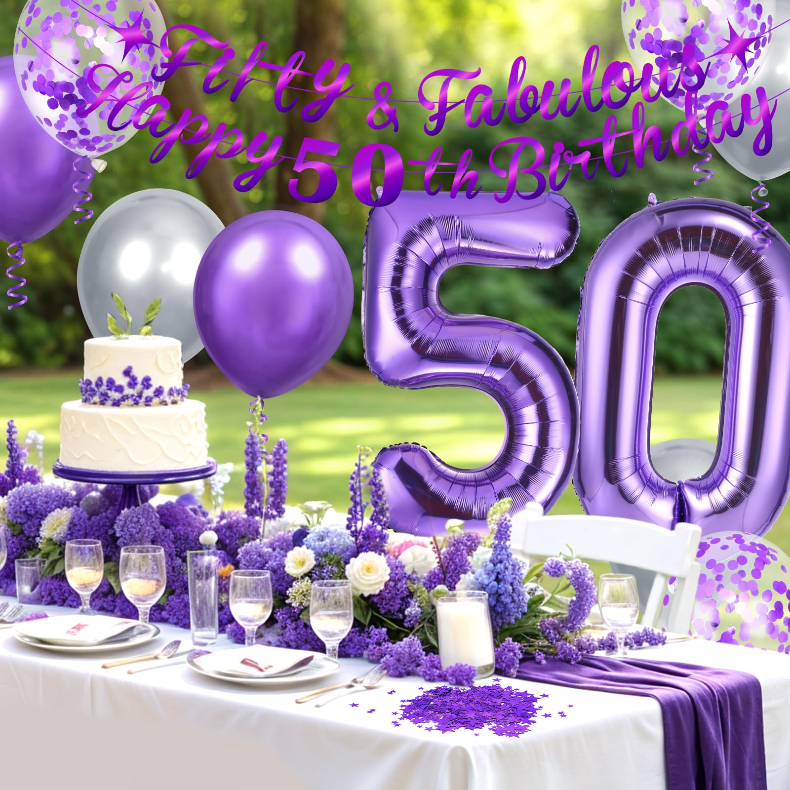 Purple 50th Birthday Decorations Set – Fifty and Fabulous Banner, Number 50 Foil Balloon, and More for Women and Men