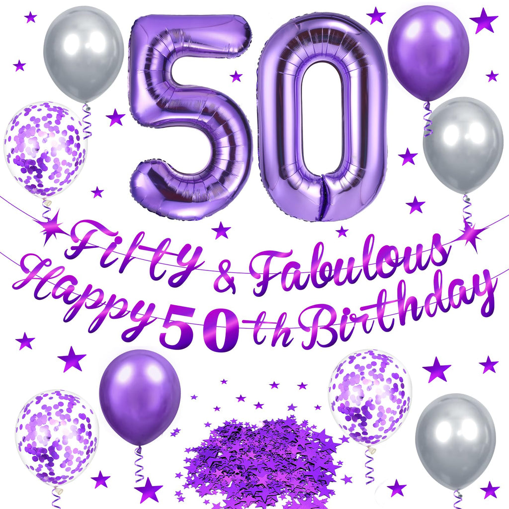 Purple 50th Birthday Decorations Set – Fifty and Fabulous Banner, Number 50 Foil Balloon, and More for Women and Men