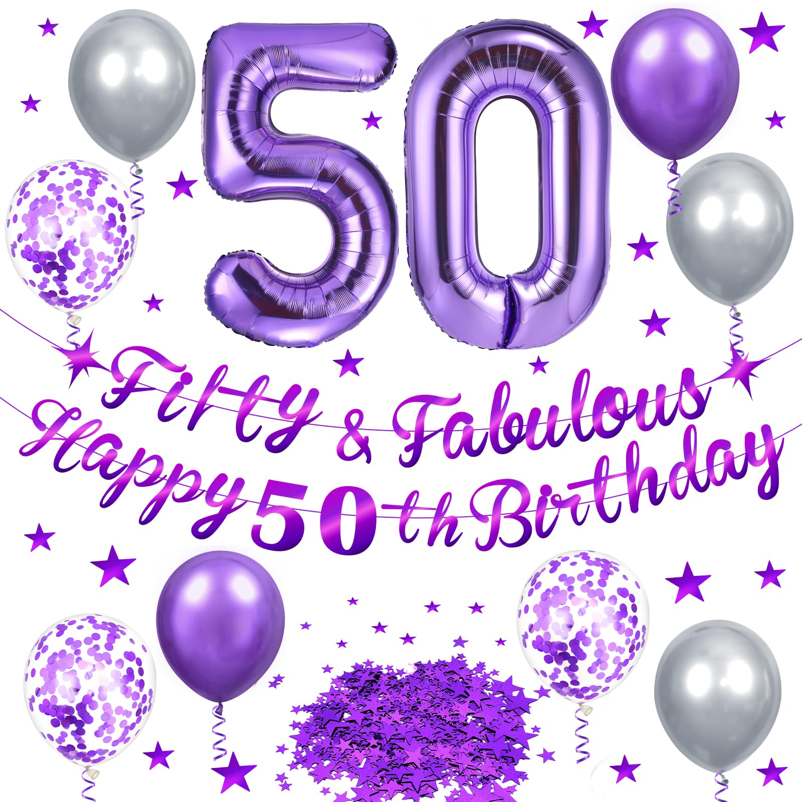 Purple 50th Birthday Decorations Set – Fifty and Fabulous Banner, Number 50 Foil Balloon, and More for Women and Men
