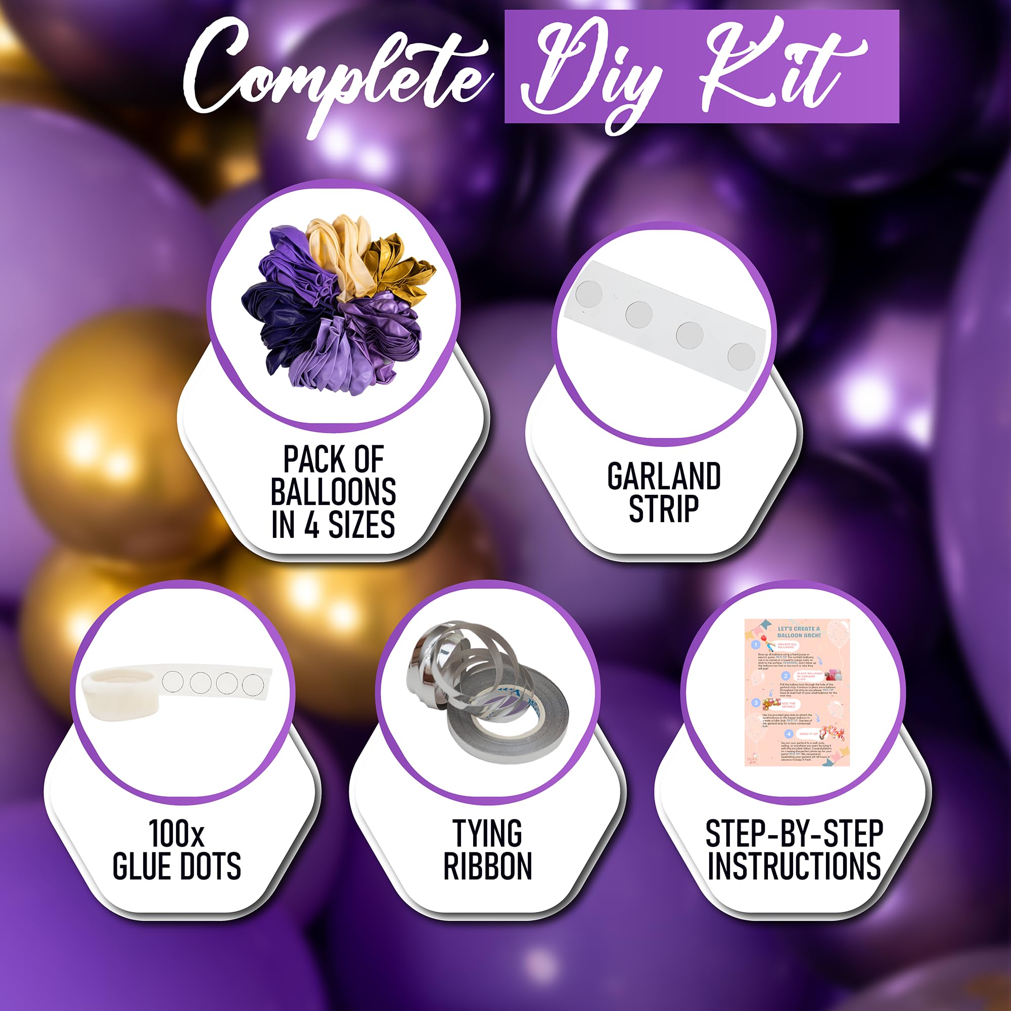 Purple and Gold Balloon Arch & Garland Kit - 100 Balloons with Confetti, Glue Dots, Strip, and Ribbon for Birthday or Graduation Party Decor