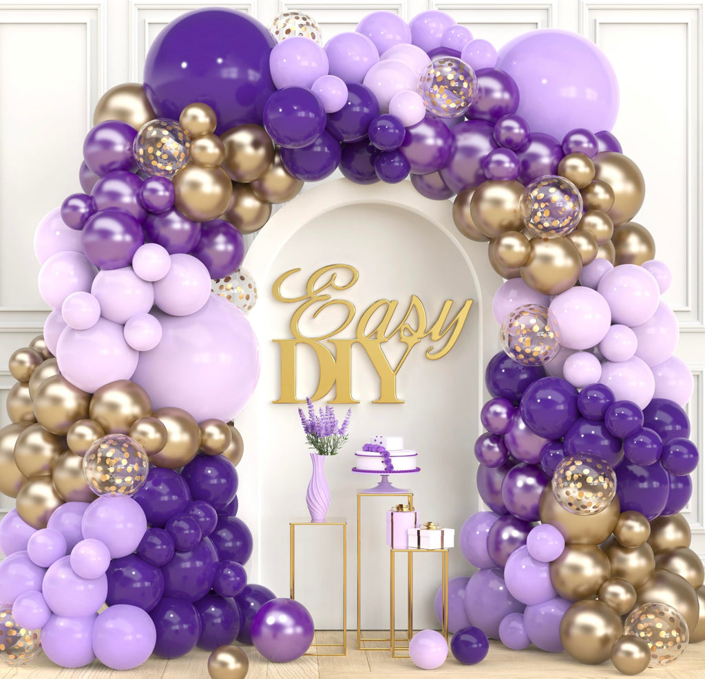 Purple and Gold Balloon Arch & Garland Kit - 100 Balloons with Confetti, Glue Dots, Strip, and Ribbon for Birthday or Graduation Party Decor