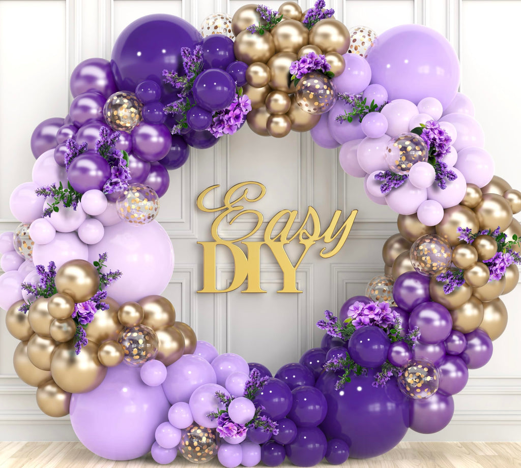 Purple and Gold Balloon Arch & Garland Kit - 100 Balloons with Confetti, Glue Dots, Strip, and Ribbon for Birthday or Graduation Party Decor