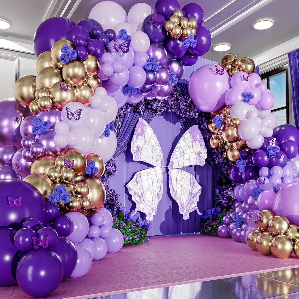 Purple and Gold Balloon Arch & Garland Kit - 100 Balloons with Confetti, Glue Dots, Strip, and Ribbon for Birthday or Graduation Party Decor