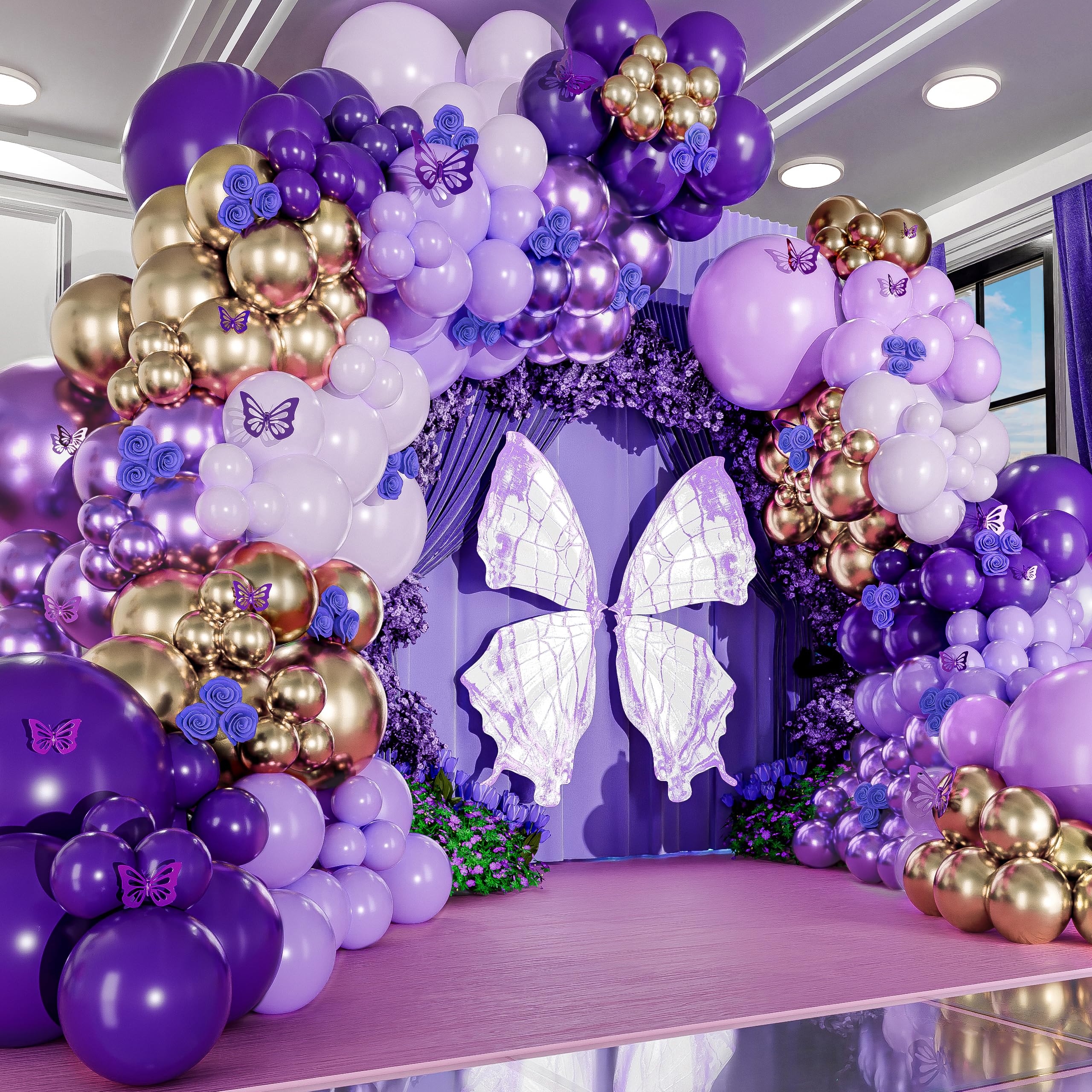 Purple and Gold Balloon Arch & Garland Kit - 100 Balloons with Confetti, Glue Dots, Strip, and Ribbon for Birthday or Graduation Party Decor
