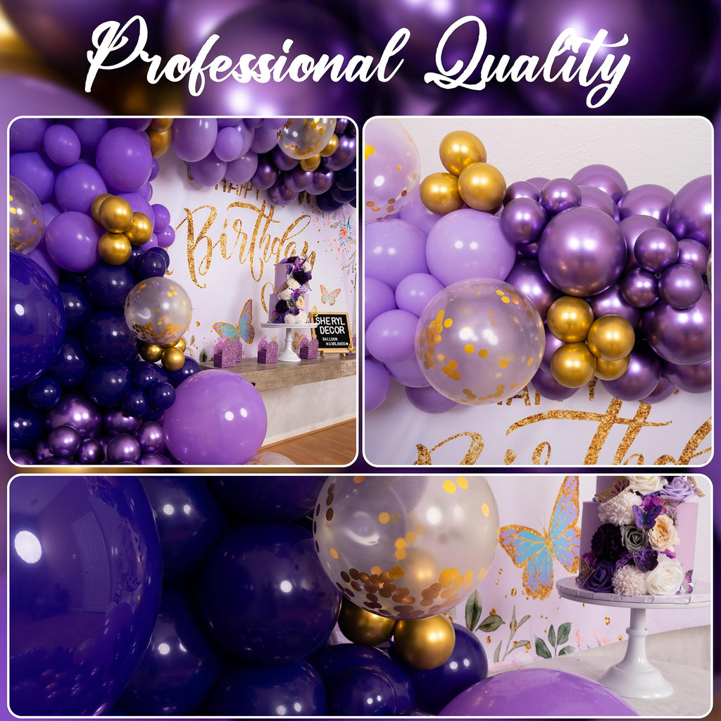 Purple and Gold Balloon Arch & Garland Kit - 100 Balloons with Confetti, Glue Dots, Strip, and Ribbon for Birthday or Graduation Party Decor