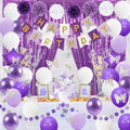Purple and White Birthday Decorations Set – 61 Pieces with Butterflies, Banner, Pom Poms & Balloons for Women Girls Kids