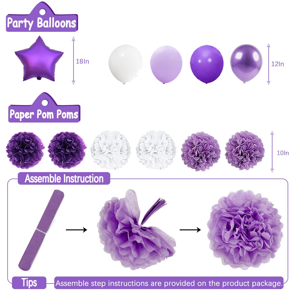 Purple and White Birthday Decorations Set – 61 Pieces with Butterflies, Banner, Pom Poms & Balloons for Women Girls Kids