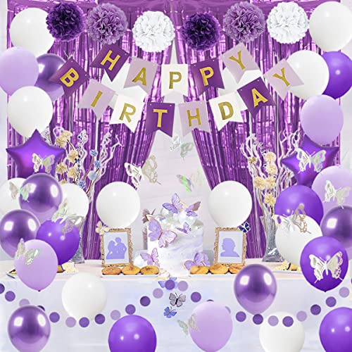 Purple and White Birthday Decorations Set – 61 Pieces with Butterflies, Banner, Pom Poms & Balloons for Women Girls Kids