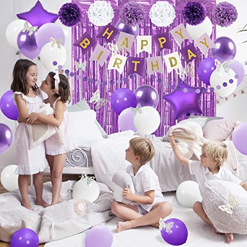Purple and White Birthday Decorations Set – 61 Pieces with Butterflies, Banner, Pom Poms & Balloons for Women Girls Kids