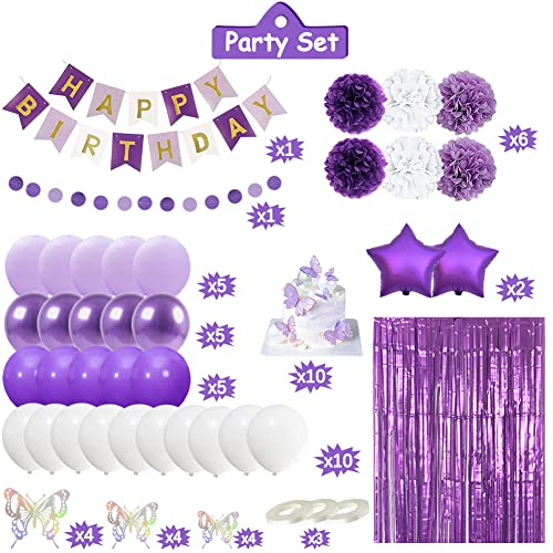 Purple and White Birthday Decorations Set – 61 Pieces with Butterflies, Banner, Pom Poms & Balloons for Women Girls Kids