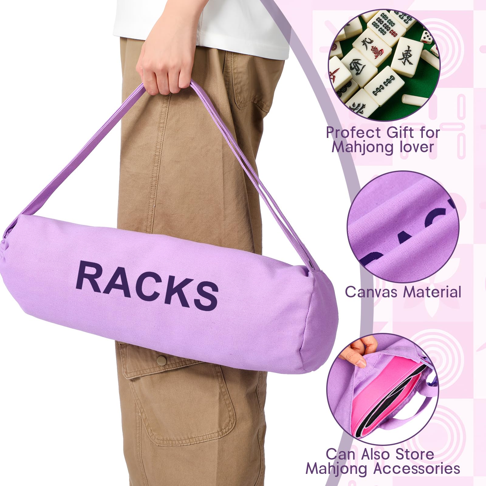 Purple Canvas Drawstring Mahjong Rack Bag - 21x6.3 Inch Storage for Tiles & Pushers