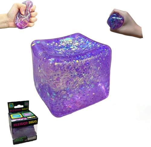 Purple Ice Cube Squishy – Slow Rise Glitter Fidget Toy for Stress Relief