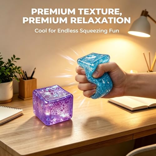 Purple Ice Cube Squishy – Slow Rise Glitter Fidget Toy for Stress Relief