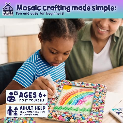 PURPLE LADYBUG DIY Mosaic Photo Frame Kit - Creative Craft for Kids Ages 6-12, Includes Mother of Pearl Shells, Wooden Frame, Glue & Spreader - Great Gift for Girls and Tweens