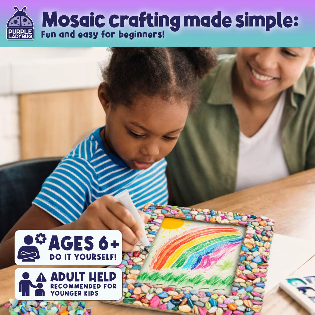 PURPLE LADYBUG DIY Mosaic Photo Frame Kit - Creative Craft for Kids Ages 6-12, Includes Mother of Pearl Shells, Wooden Frame, Glue & Spreader - Great Gift for Girls and Tweens