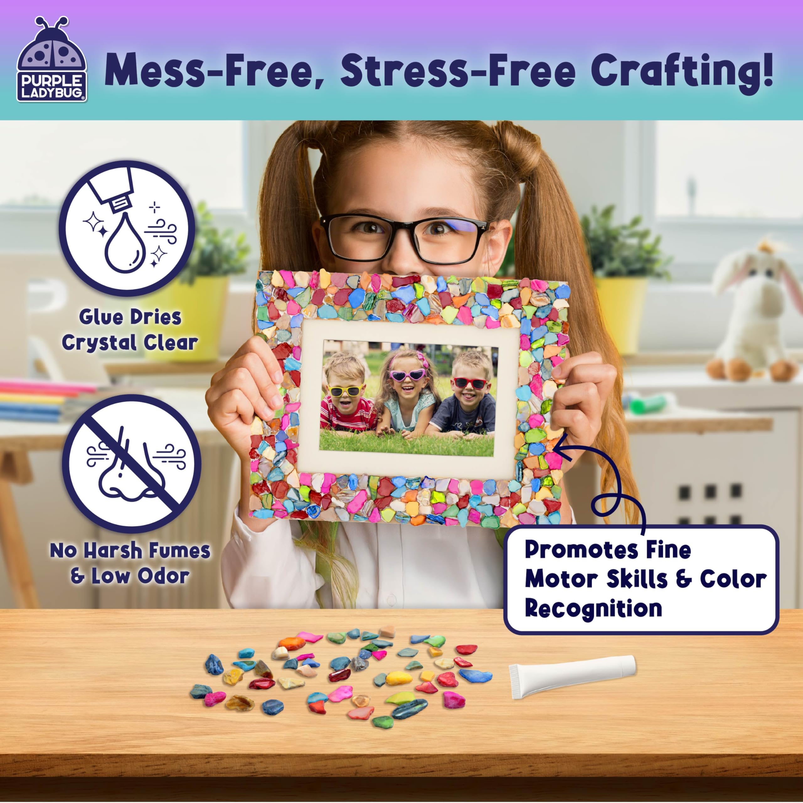 PURPLE LADYBUG DIY Mosaic Photo Frame Kit - Creative Craft for Kids Ages 6-12, Includes Mother of Pearl Shells, Wooden Frame, Glue & Spreader - Great Gift for Girls and Tweens