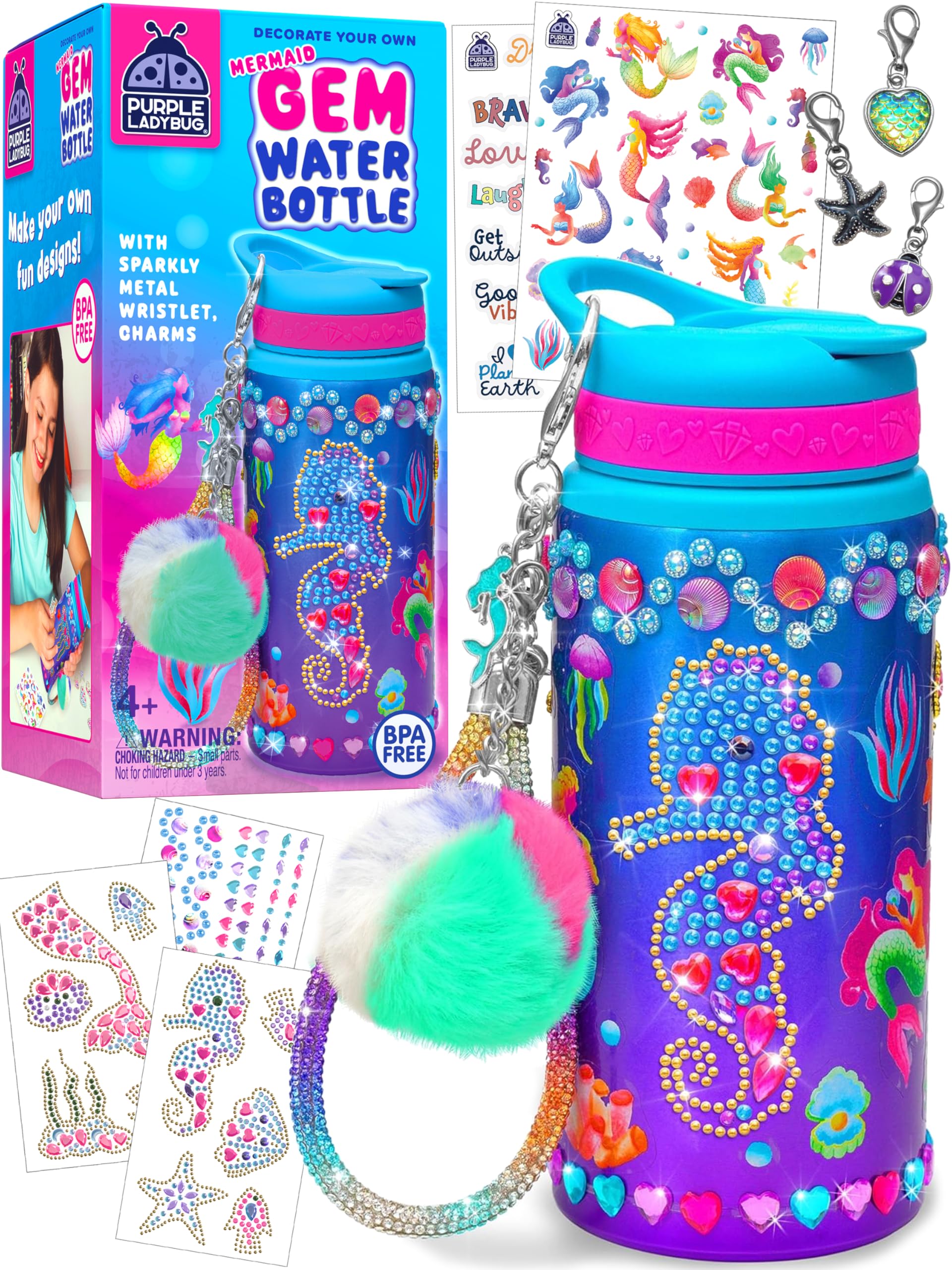 PURPLE LADYBUG Mermaid Water Bottle Decorating Kit for Girls Ages 5-10