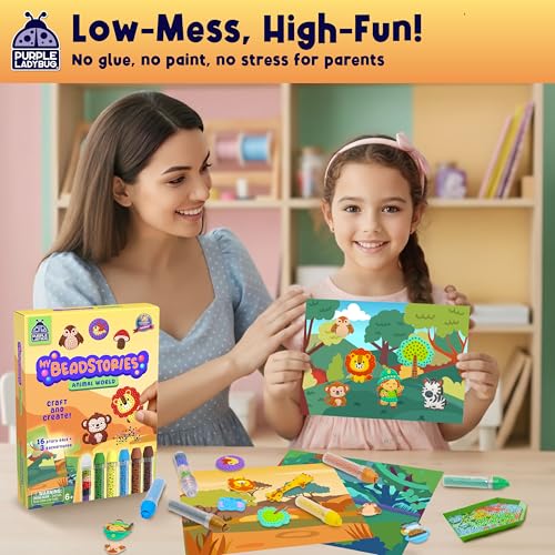 PURPLE LADYBUG My BeadStories Animal World - DIY Bead Art Craft Kit for Kids Ages 4-8 (19 Story Pals, 3 Scenes, 6 Pens)