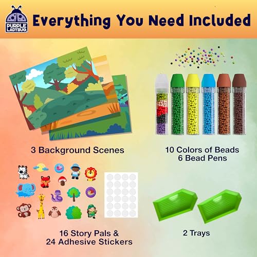 PURPLE LADYBUG My BeadStories Animal World - DIY Bead Art Craft Kit for Kids Ages 4-8 (19 Story Pals, 3 Scenes, 6 Pens)