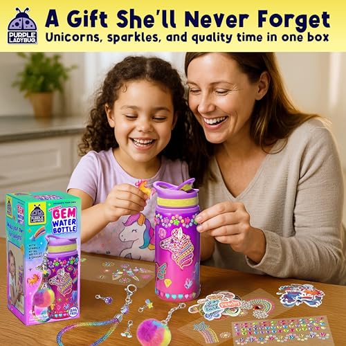 PURPLE LADYBUG Unicorn Water Bottle Decorating Kit for Girls Ages 6-12 - 20oz Craft Set with Gemstones, Stickers & Charms