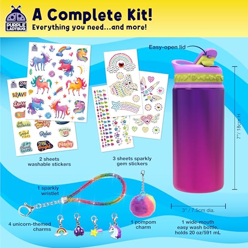 PURPLE LADYBUG Unicorn Water Bottle Decorating Kit for Girls Ages 6-12 - 20oz Craft Set with Gemstones, Stickers & Charms