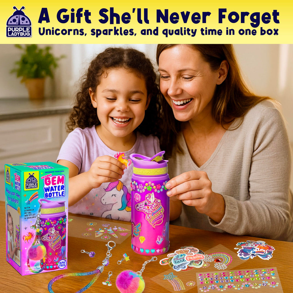 PURPLE LADYBUG Unicorn Water Bottle Decorating Kit for Girls Ages 6-12 - 20oz Craft Set with Gemstones, Stickers & Charms