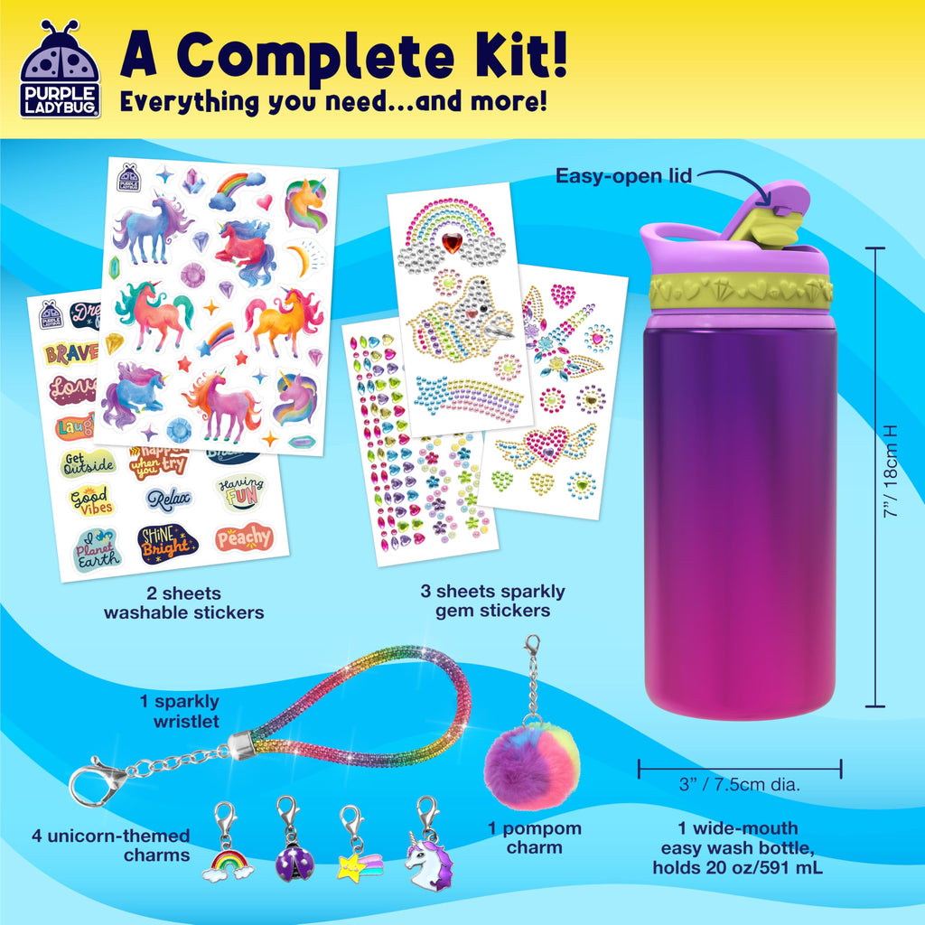 PURPLE LADYBUG Unicorn Water Bottle Decorating Kit for Girls Ages 6-12 - 20oz Craft Set with Gemstones, Stickers & Charms