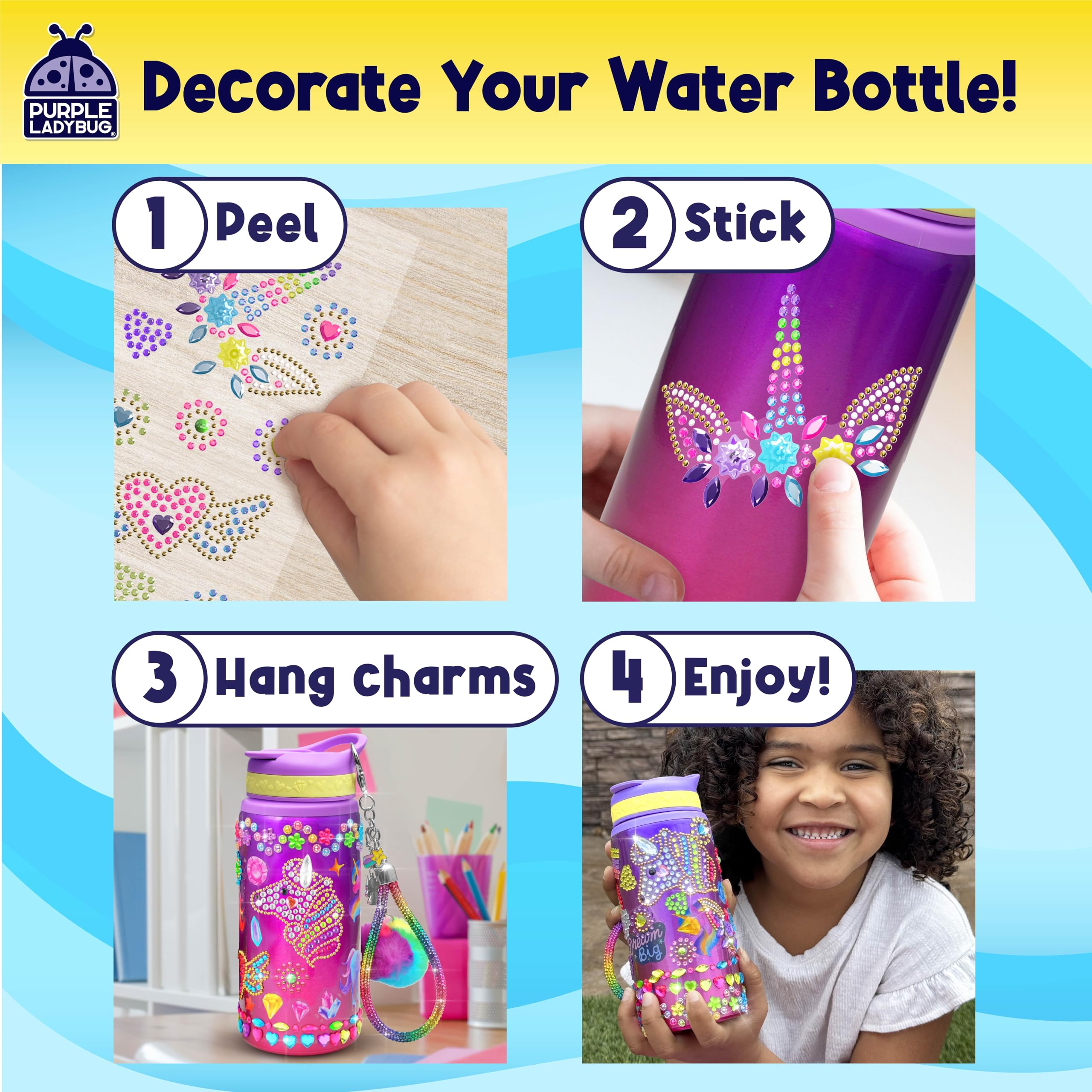 PURPLE LADYBUG Unicorn Water Bottle Decorating Kit for Girls Ages 6-12 - 20oz Craft Set with Gemstones, Stickers & Charms