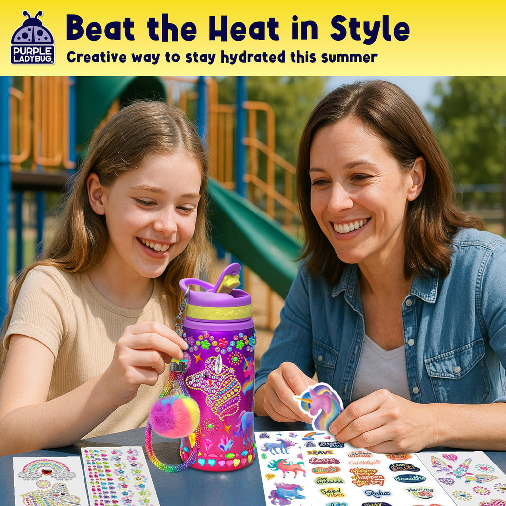 PURPLE LADYBUG Unicorn Water Bottle Decorating Kit for Girls Ages 6-12 - 20oz Craft Set with Gemstones, Stickers & Charms