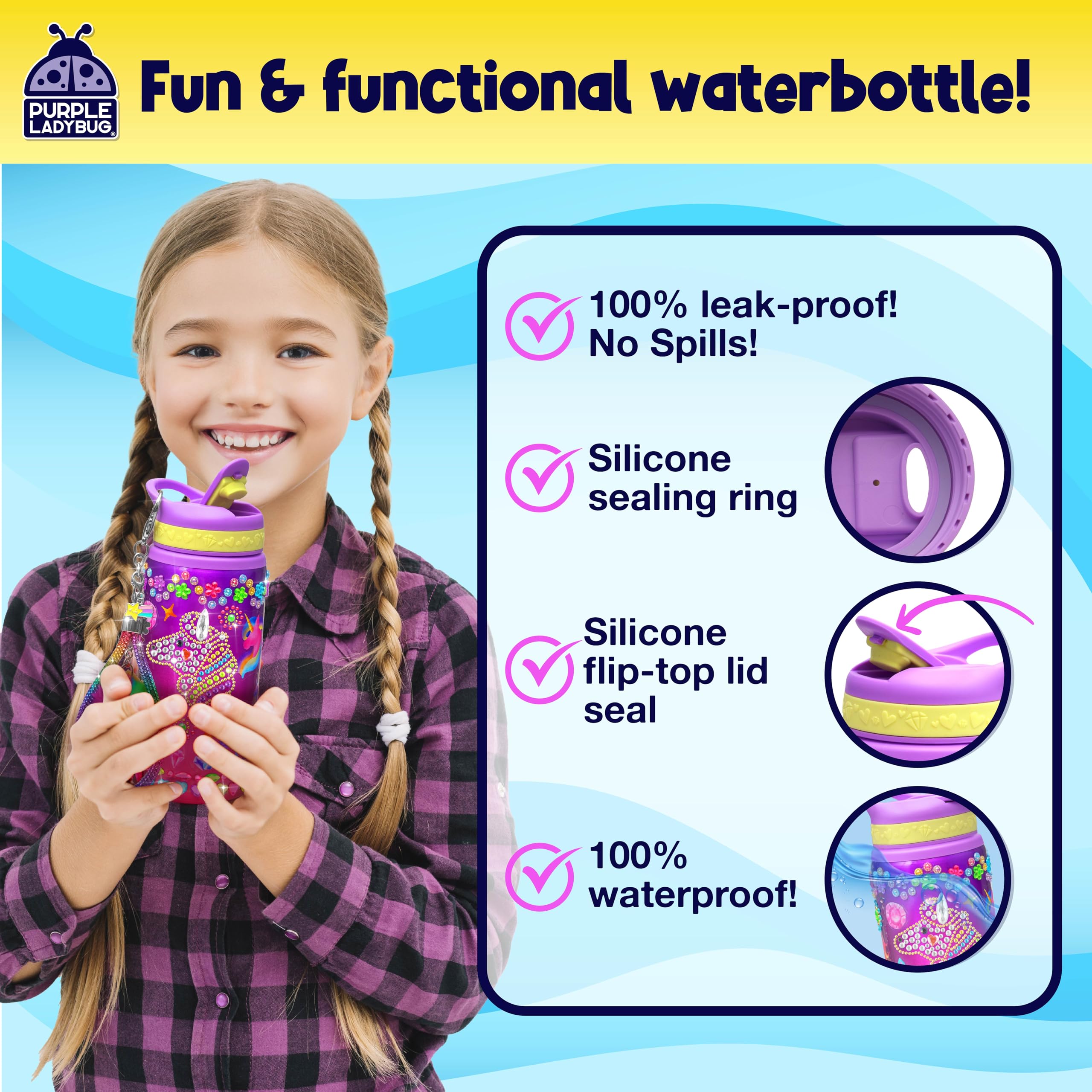 PURPLE LADYBUG Unicorn Water Bottle Decorating Kit for Girls Ages 6-12 - 20oz Craft Set with Gemstones, Stickers & Charms