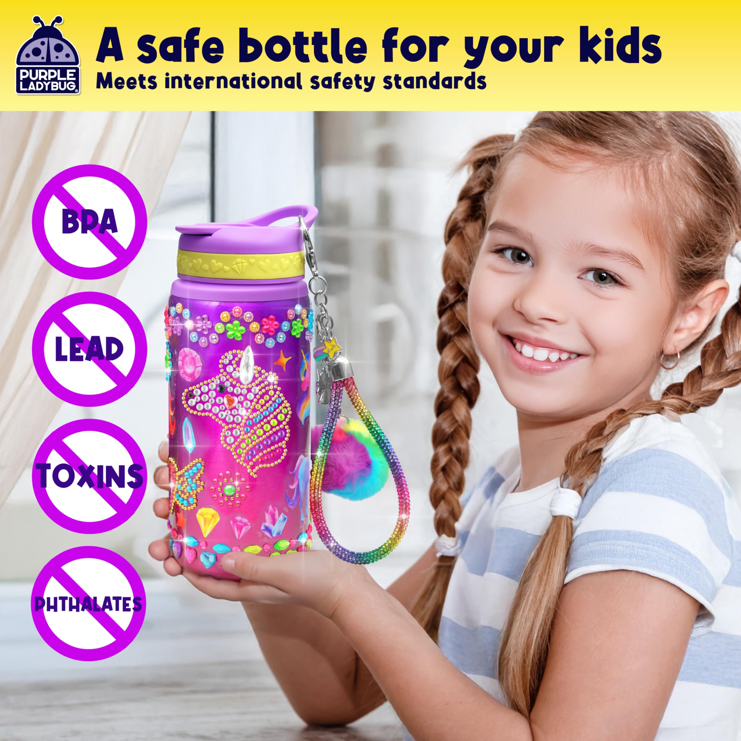 PURPLE LADYBUG Unicorn Water Bottle Decorating Kit for Girls Ages 6-12 - 20oz Craft Set with Gemstones, Stickers & Charms
