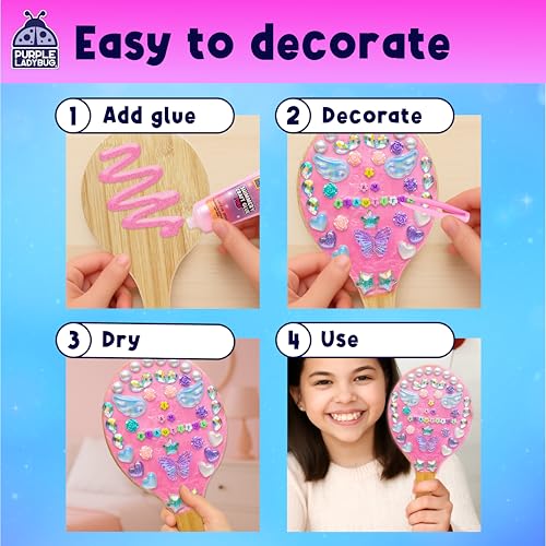 PURPLE LADYBUG Wooden Handheld Mirror Craft Kit - Decorate with Gems, Ages 6-12