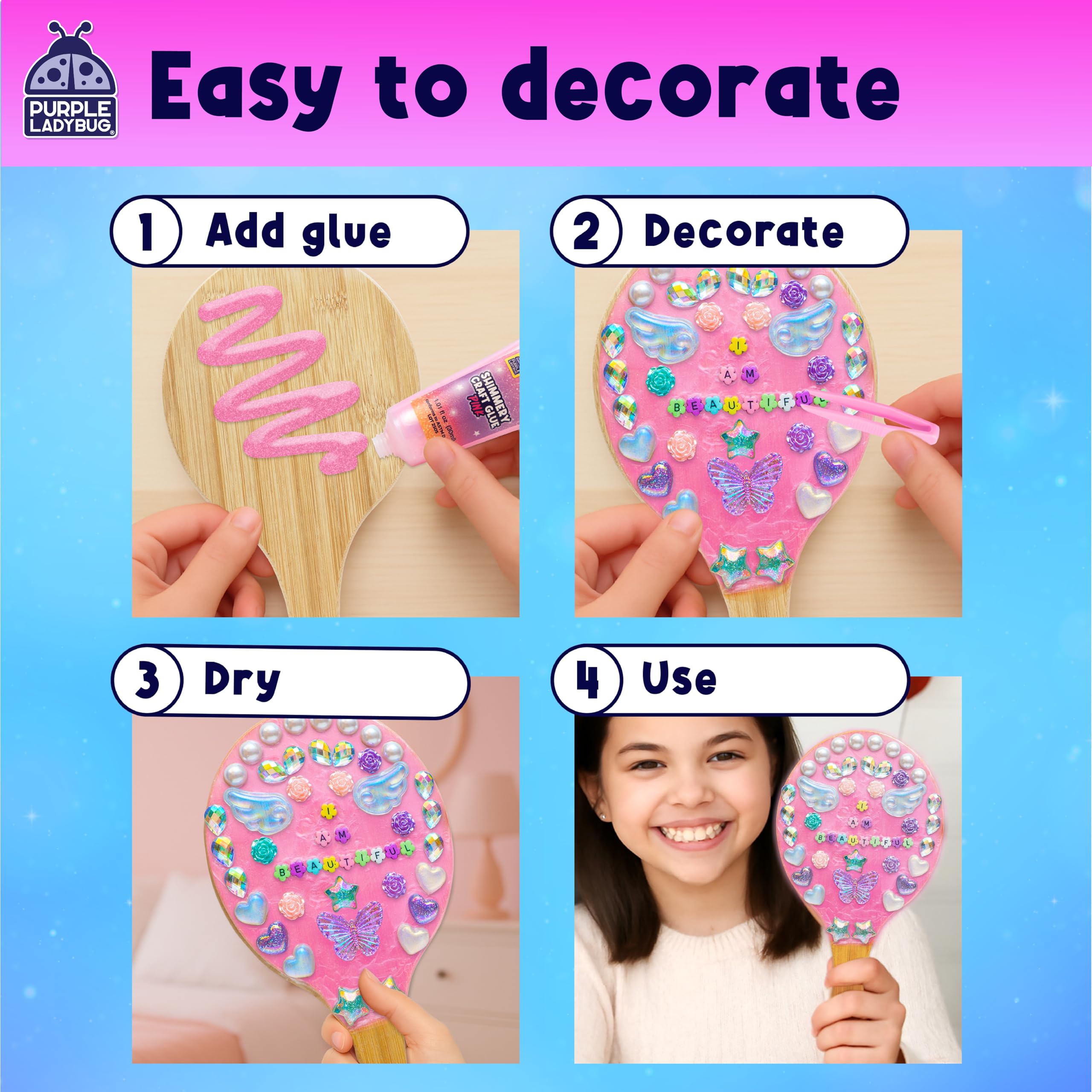PURPLE LADYBUG Wooden Handheld Mirror Craft Kit - Decorate with Gems, Ages 6-12