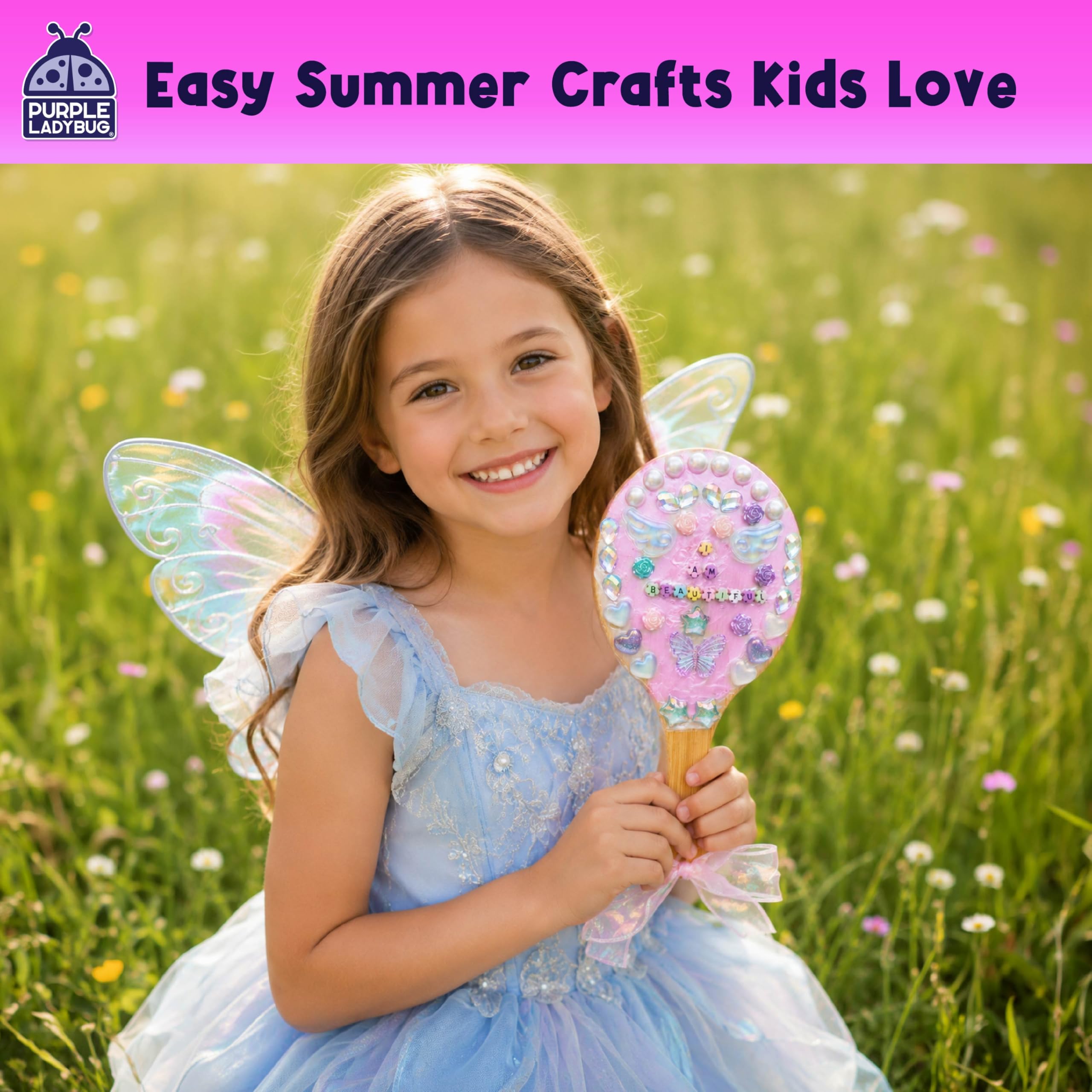 PURPLE LADYBUG Wooden Handheld Mirror Craft Kit - Decorate with Gems, Ages 6-12
