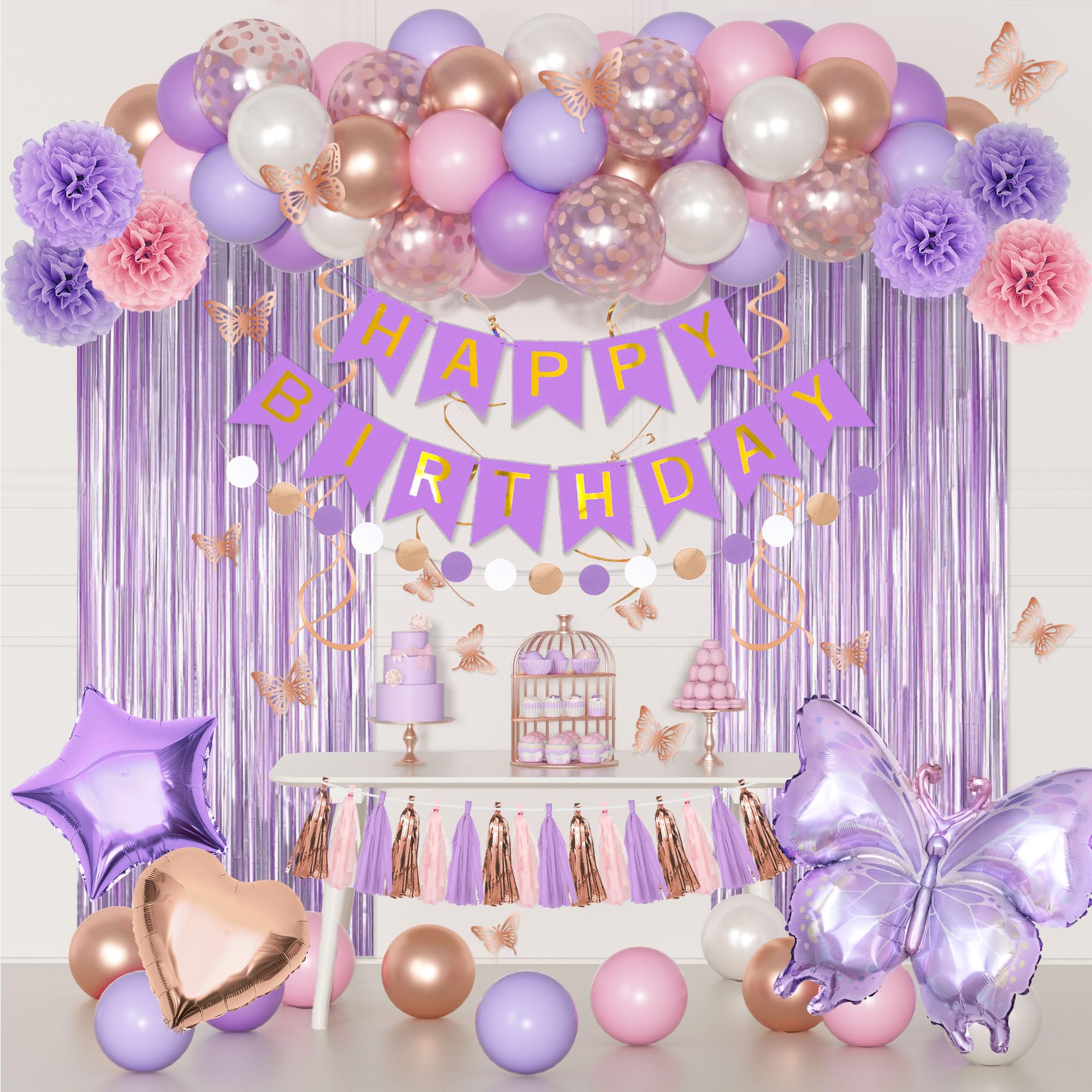 Purple Pink Butterfly Birthday Party Decorations Set - 97 Pieces with Balloons, Banner, Fringe Curtain, and More