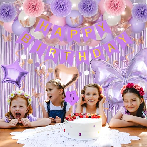 Purple Pink Butterfly Birthday Party Decorations Set - 97 Pieces with Balloons, Banner, Fringe Curtain, and More